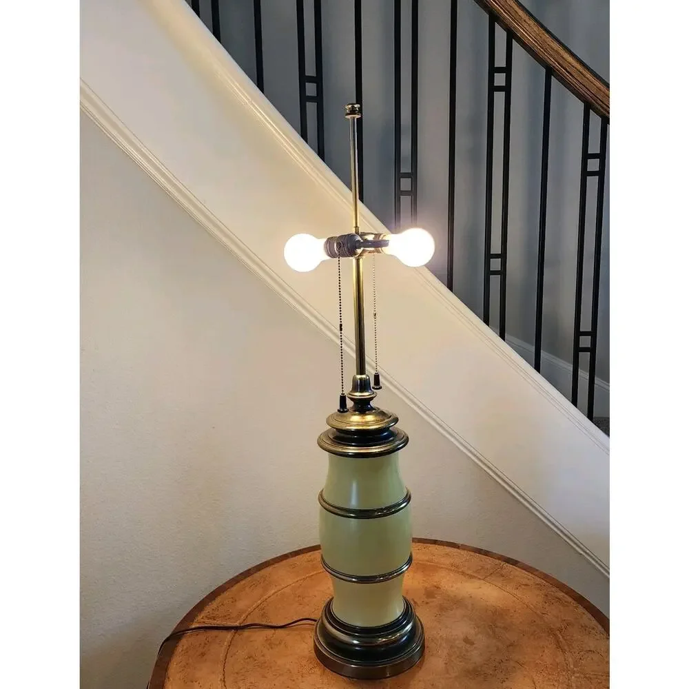 Mid Century STIFFEL Yellow Enamel / Brass DBL Socket Table Lamp 35.5